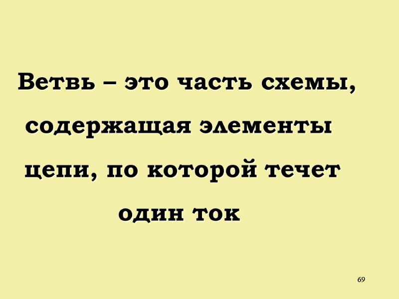 69  Ветвь – это часть схемы, содержащая элементы  цепи, по которой течет